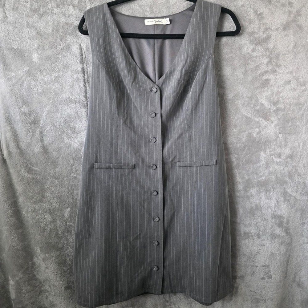 Live To Be Spoiled Grey Pinstripe Button Front V-Neck Mini Dress XL KOLD8023J